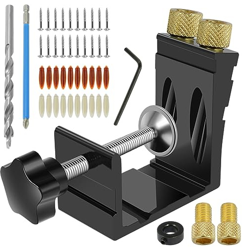 47 st fickhål jigg kit metall fickskruv jigg borr guide robust 15° vinklade hål borrning positioner träbearbetning stans lokalisering verktyg med 29 skruvar 1 hexnyckel för snickeri