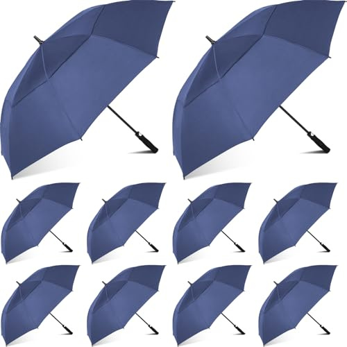 Jexine 10 Pcs Large Automatic Open Golf Umbrella 62 Inch Double Canopy Rain Umbrella Windproof Waterproof Heavy Duty for Men Women Family Travel Sports (Dark Blue)