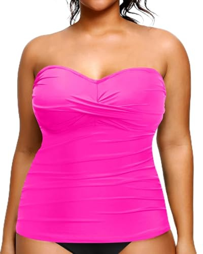 Aqua Eve Plus Size Tankini Top Only Bandeau Swim Top Strapless Swimsuit Top Twist Front Bathing Suit Top No Bottom, Hot Pink, 20 Plus