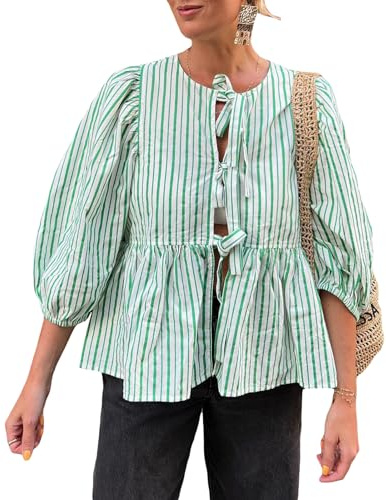 Loalirando Camicetta da donna Y2K fasciatura a 3/4 maniche a sbuffo scollo rotondo cravatta frontale camicia con volant top donna camicetta peplo aperto davanti moda streetwear, Verde, L