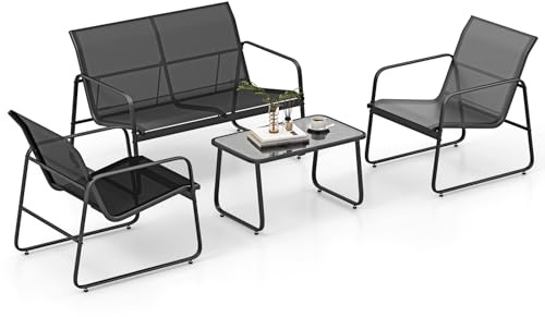 GIANTEX Ensemble de Salon de Jardin de 4 Pièces, 1 Canapé 2 Places, 2 Chaises, 1 Table en Verre Trempé, Cadre en Métal Stable, Ensemble de Mobilier d'Extérieur pour Patio, Jardin, Cour (Noir)