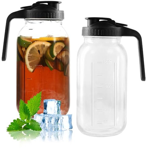 Focenat Jarra de Vidrio 1.8 Litros, Jarra de Agua con Tapa y Asa, Recipiente de Vidrio Transparente, Botellas de Vidrio, Jarras Vidrio Boca Ancha para Agua, Té, Leche, Zumo, 2 Piezas