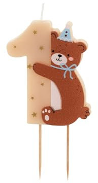 Zauberhafte Geburtstagskerze 1 mit süßem Bären Zahlenkerze 1 Teddybär Kerze 1 erster Geburtstag Junge Mädchen Deko Torte Kuchen Muffins Geburtstag Zahl 1 Creme, ca. 7cm