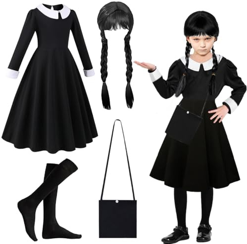 LGZIN Costume Mercoledì Bambina, Vestito Mercoledì Bambina, Abito da Mercoledì con Parrucche, Calzino, Borsa, Mercoledì Outfit, Costume Mercoledì Cosplay per Carnevale Halloween (120 cm)