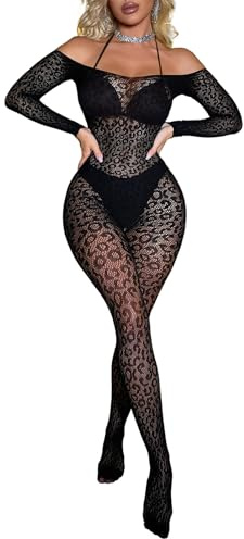 Buitifo Lencería Sexy para Mujer,Body de red,con Estampado de Leopardo,para Rave (negro T1, Talla única)