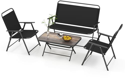 COSTWAY 4-Piece Garden Furniture Set, Folding Patio Conversation Set with Loveseat, 2 Chairs and Coffee Table, Metal Frame Sectional Outdoor Conservatory Table and Chairs for Balcony Yard Porch, Black