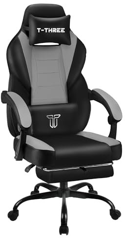 T-THREE.High-back ergonomic computer chair, gaming seat, office and study swivel chair, racing-style with adjustable lumbar and headrest support, 150kg capacity, includes footrest.(Grey)