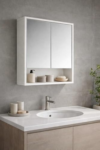 Dylex Bathroom Mirror Cabinet, High Gloss White, Wall Mounted Storage with Mirror Door and Shelf
