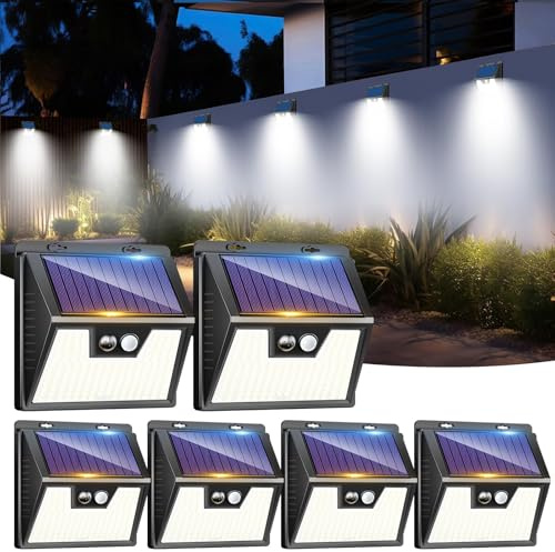 LOTMOS 6 Paquete Luz Solar Exterior, 176 LED Focos Led Exterior Solares con Sensor de Movimiento, 3 Modes Impermeable Lamparas Solares Potente para Jardín, Garaje, Calle, Patio, Caminos (Blanco Frío)