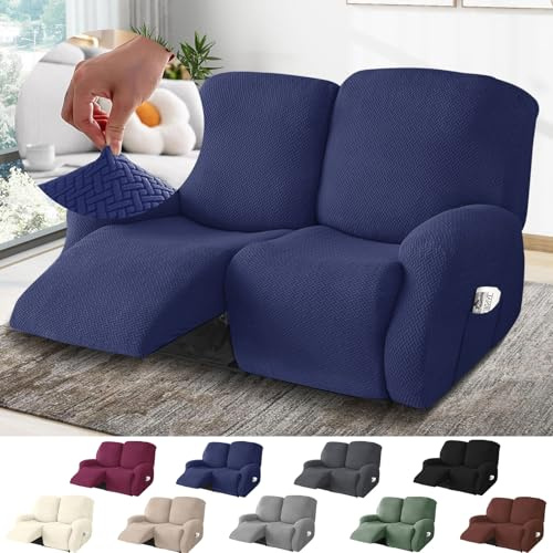 BOYIFEIJIE Housse Fauteuil Relax 2 Places, Housse de Fauteuil Extensible avec Poches, Housse Canapé Relax Jacquard Rayé Tout Compris, Protège Fauteuil pour Fauteuil Inclinable (Bleu, 6 Pièces)
