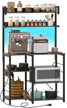 KOMFOTTEU Estantería de Cocina con Iluminación LED y Enchufes, Soporte de Microondas de 5 Niveles, Mueble Auxiliar con Marco de Metal y Dispositivo Antivuelco, 90 x 40,5 x 147 cm