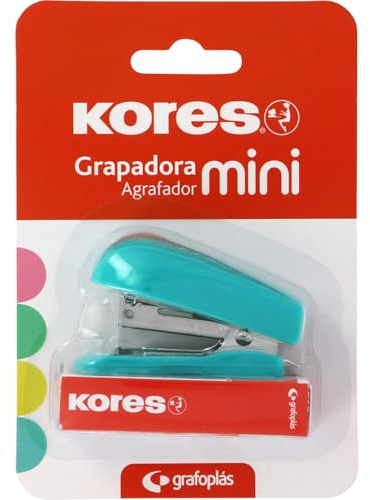 Kores - Mini Grapadora Turquesa + 1000 Grapas 24/6, Compatible con 26/6, Capacidad 12 Hojas Papel 80g, 6x4,5x3cm, Distancia Grapado 17mm, Ideal como Material de Oficina, Perfecto para Estuche Escolar