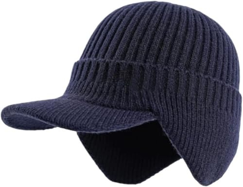 Fjordwarm - Bonnet d'hiver scandinave avec cache-oreilles (taille unique) avec doublure chaude épaisse et résistante au vent et au froid avec visière et cache-oreilles pour l'extérieur, Marine, taille