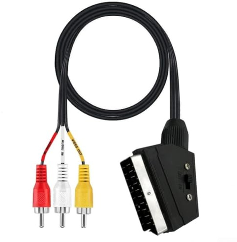 SCART på för kabel 1,5 m med strömbrytare, scart till adapterkabel för ljudvideo, kompatibel med DVD-spelare satellitmottagare TV, svart