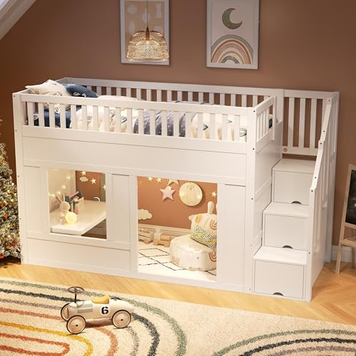 Sapgaks Lit Superposé Enfant en Bois 90x200 avec Escalier de Rangement, Lit Mezzanine avec Espace de Convertible en Dessous, Lit Enfant avec Barriere, Blanc