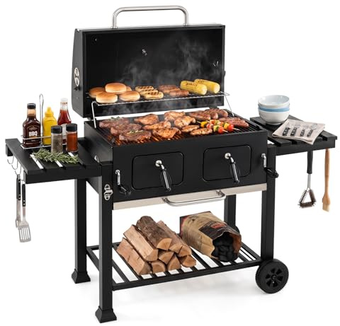 COSTWAY Barbecue à Charbon en Bois Extérieur à Roues 2 Tables Latérales | Grill au Charbon avec Thermomètre Grille Chauffante, Housse Incluse, Portable pour Pique-nique Patio
