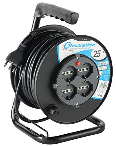 Electraline 49027 prolunga elettrica con avvolgicavo 25 mt 4 prese polivalenti (schuko + 10/16A) spina grande 16A, con protezione, nero - sezione cavo 3G1,5 mm²