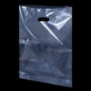 Strong Clear Transparent Colour Plastic Polythene Die Cut Handle Carrier Bags - Medium & Large Size Patch Varigauge Shopping Gift Boutique Party Fancy (15'' x 18'' + 3'', 50)