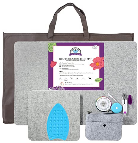 RDUTUOK Tapis de pressage en laine 43 x 61 cm pour matelassage de grande taille et 25.5 x 25.5 cm - Tampon de repassage 100 % laine avec ciseaux, ruban
