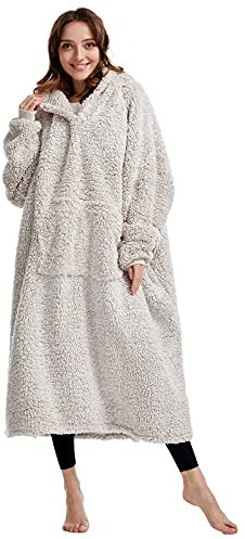 HORIMOTE HOME Oversized Teddy Fleece Hoodie Blanket for Women Cuddly Sherpa Wearable Snuggle Blanket Hoody for Adults Kids Men Teenager, Super Warm and Soft,Brown-Over Length
