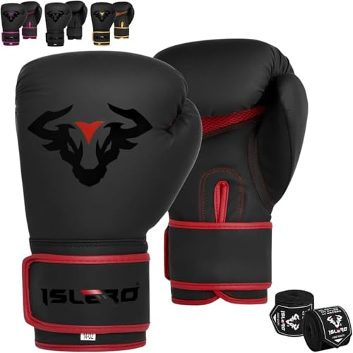 Islero EVO Fitness matt svarta boxningshandskar män boxningssäck kvinnor rosa MMA muay thai kampsport sparring träning stridshandskar med handomslag (4,4 oz, röd)