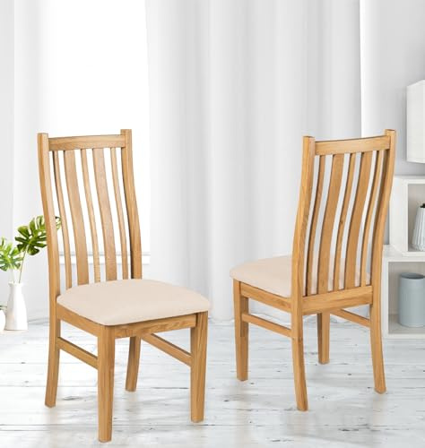 Hallowood Furniture Oak Dining Chairs Set of 2 in Beige Linen Seat Pads | Stylish Solid Wooden Light Oak Kitchen Dining Room Chairs in Natural Beige Linen Fabric Seat for Home, Cafe and Restaurant