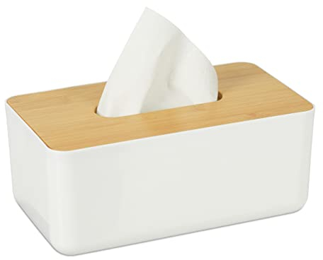 Relaxdays Kosmetiktücher Box fürs Bad, Kunststoff, Holz-Deckel, nachfüllbar, Tücherbox, HBT: 10x23x13 cm, weiß/Natur