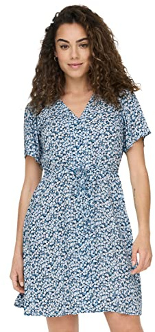 ONLY Robe Courte décontractée pour Femmes Motif Estival Robe Chemisier à Manches Courtes, Couleurs:Bleu-2, Taille:M