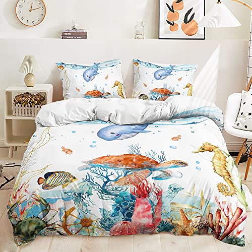 Lunoroey Ocean Duvet Cover Double Size Bed Turtle Whale Sea Horse Coral And Sea Animals Printed Bedding Set with Pilowcase Soft Easy Care Quilt Cover Set