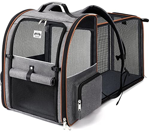 Lekespring Zaino per Cani Gatti Trasportino Espandibile,Grandi Pieghevole Cuccia Portatile con Imbracatura di Sicurezza e Tappetino per Animali Inclusi,Carico Massimo 10 KG,Grigio XL