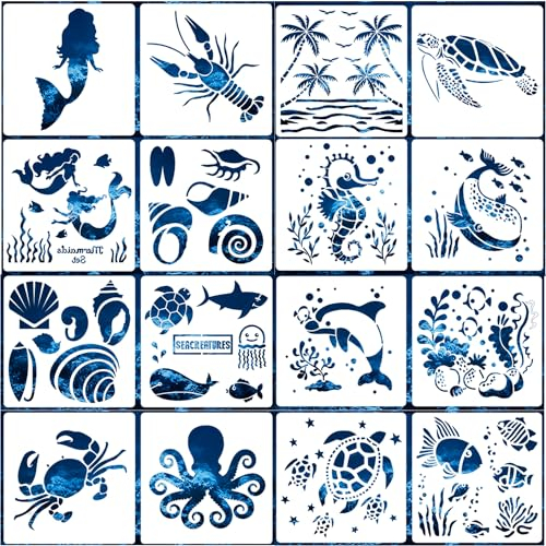 ZFKXGS 16 Stück Schablonen Meer Malerei Schablonen Zeichnen Stencil Schablonen Wiederverwendbar Meer Tier Schablonen Zeichenschablonen Kunststoff Malschablone zum Malen Wanddeko Scrabooking 15x15cm