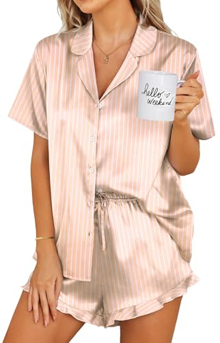 Ekouaer Silk Pajamas Womens Short Sleeve Sleepwear 2 Piece Satin Pjs Shorts Set Button Down Loungewear Striped Champagne M