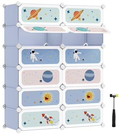 SONGMICS Estantería Modular Infantil de 12 Cubos, Zapatero para niños, Estantería plástico, Armario Modular con Puertas, para Ropa, Zapatos, Juguetes, 31 x 81 x 106 cm, Azul Pálido LPC907Q01
