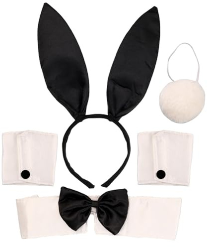 KSJEHW 5 Pièces Costume de lapin pour femme avec oreilles de lapin, bandeau, nœud papillon, manchettes, queue de lapin pour fête de Pâques