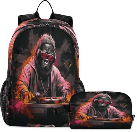 LINNIKEEEE Bella Musica Dj Gorilla Set Zaino per Studenti Borsa per Il Pranzo,Borsa Scuola Leggera Resistente per Ragazzi Ragazze