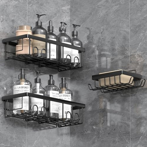 AceMining 3 Pack Noir Rangement Salle de Bain, Etagere Salle de Bain, Etagere Douche Adhésifs, Rangement et Organisation avec Crochets, Douche sans Percage