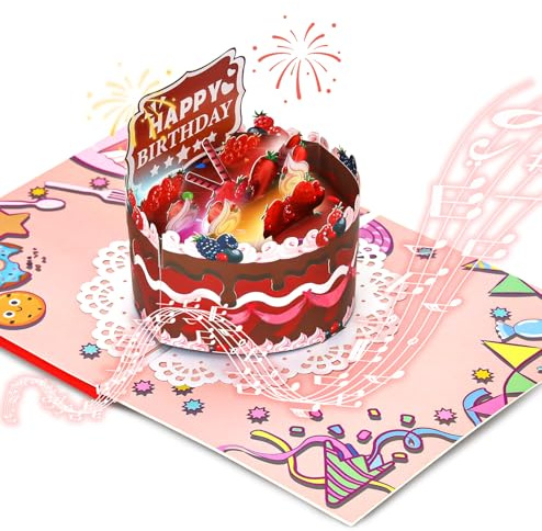 Happy Birthday Card, Pop Up Cream Cakes Birthday Card with Music and Light, Large 3D Pop up Birthday Cake Cards with Cards and Envelopes for Women Mom Wife Girl Sister Daughter