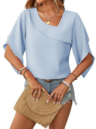 LEKOPUR Camicetta da donna in chiffon, maniche a 3/4, elegante, scollo a V, per feste, abbigliamento tunica, camicette da donna, Blu, XXL