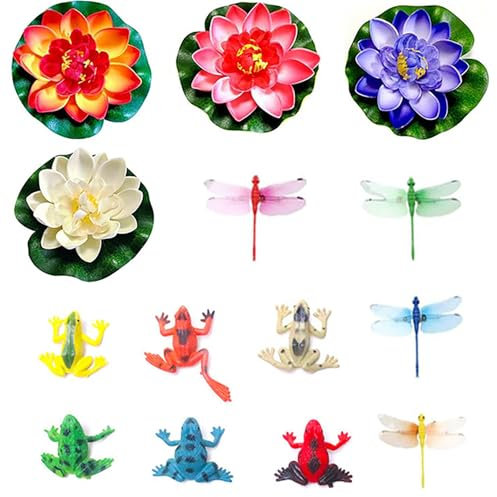 JINJUMEI 14 Pièces Nénuphar Flottant Fleurs Artificielles, Fleur de Nénuphar de Lotus avec Libellule Grenouille Artificielle Nenuphar Flottant Lotus pour Jardin, Aquarium, Etang de Jardin Décor
