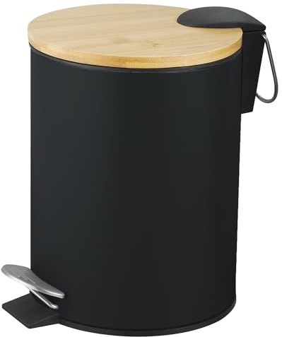 Amig - Cubo de Basura para Baño con Pedal 3 Litros Mod. Naturline - Color Negro y Bambú - Apertura Higiénica sin Manos - Ø16,8 x 23 cm - Acero Inoxidable Lacado - Papelera Redonda con Tapa Hermética