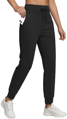 Jhsnjnr Womens Fleece Lined Joggers Waterproof Cuffed Sweatpants with Pockets Comfy Stretch Drawstring Jogging Bottoms Black