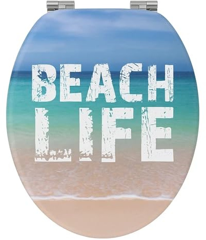 18'' Universal MDF Toilet Seat | Wooden WC Lid with Easy Fit Hinges & Fittings | Durable Bathroom Seat with Novelty Design | Fits Most Standard Toilets (Beach Life Theme)
