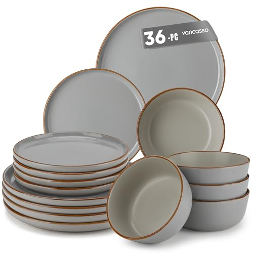 vancasso Reno Stoneware Dinner Set for 12, 36 Pieces Plates and Bowls Set with Dinner Plates, Dessert Plates & Cereal Bowls, Grey Speckled Crockery Set, Chip & Scratch Resistant