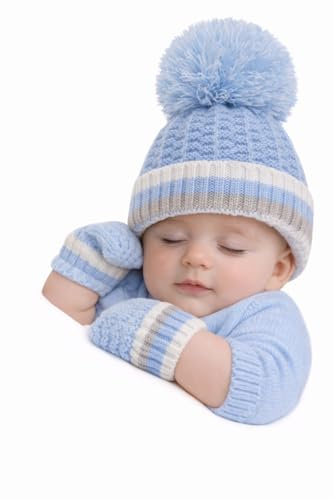 SOHOBABY Baby Boys & Girls Pom Pom Hat with Matching Mittens – 0–12 Months (UK, Age, 0 Months, 12 Months, Blue)