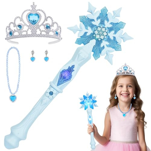 AUYAO Prinsessans Magiska Trollstav, 4st Lysande Snöflockstav med Krona Halsband Örhängen, Elfenstav, Födelsedagspresenter för Flickor, Cosplay-accessoarer, Fest, Jul
