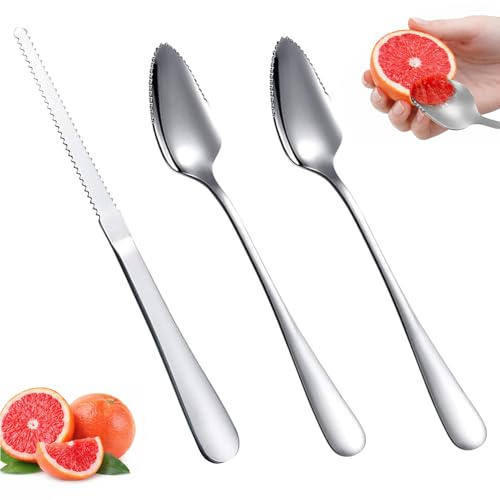 Juego de 3 cucharas de pomelo, el juego incluye 2 cucharas de kiwi y 1 mesa de pomelo, cuchara de kiwil, de acero inoxidable con filo ondulado para kiwi, manzanas, pomelos (plata)