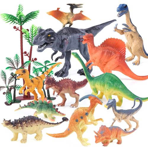 kukifun 15Pcs Dinosaur Toys Set 4-7Inch Realistic Dino Figures Kids Gift | 12 Educational Dinosaur Figures & 3 Trees, Non-toxic, Ideal for School Project, Pretend Play, Cake Toppers, Boys Girls gifts