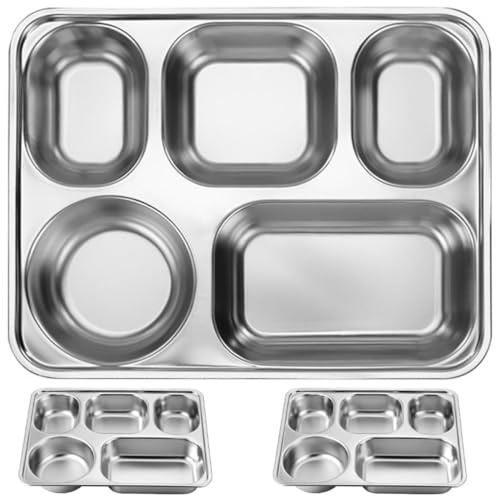 DECHOUS Juego de 3 Platos Divididos de Acero Inoxidable Plata Compartimentos, Resistentes y Fáciles de Limpiar para Camping y Almuerzos Escolares