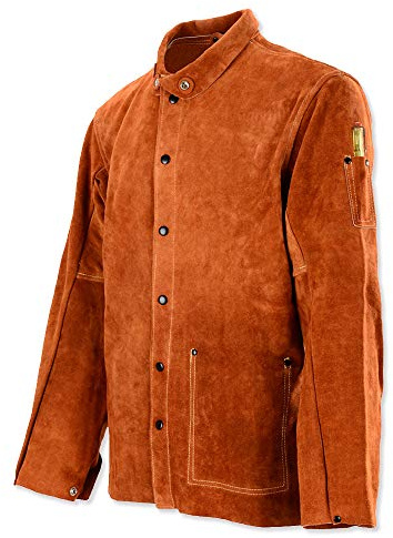 Leather Welding Work Jacket by QeeLink - Flame-Resistant Heavy Duty Split Cowhide Leather (Large)