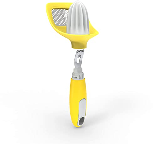 Outil 4 en 1 pour agrumes - Alésoir citron, zesteur et râpe - Passoire à jus pour éviter les désordures- Boucle de suspension et design compact pour un rangement facile - Passe au lave-vaisselle